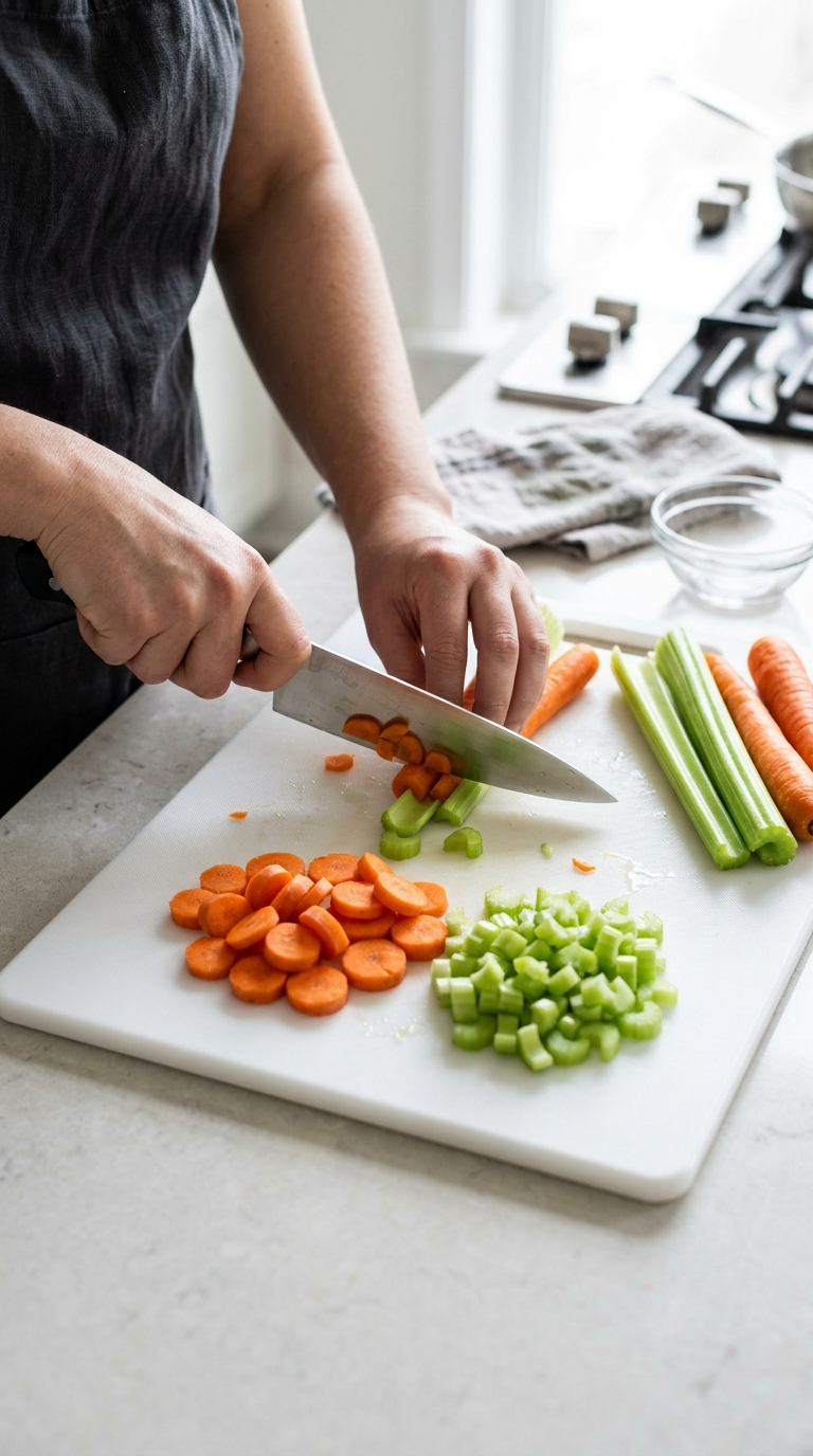 Adding garlic to the sauteed vegetables for chicken noodle soup