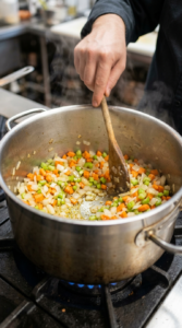 Adding broth and chicken to the pot for chicken noodle soup