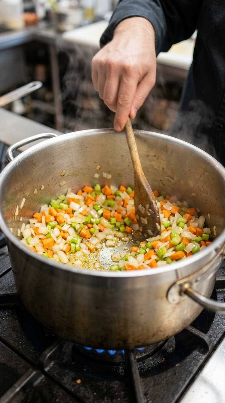 Adding broth and chicken to the pot for chicken noodle soup