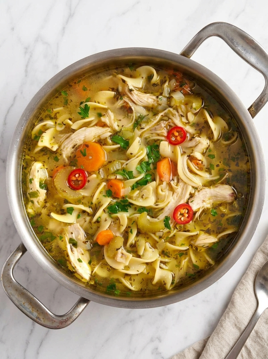 Bowl of homemade chicken noodle soup with egg noodles and vegetables