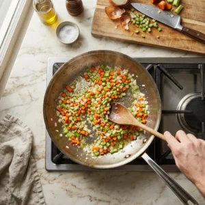 Cooking onion, carrots and celery in butter for chicken and dumplings
