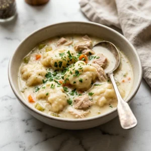 Finished chicken and dumplings with fluffy dumplings and parsley