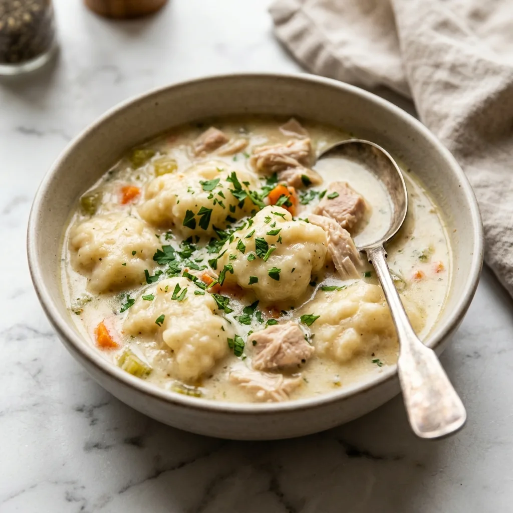 Finished chicken and dumplings with fluffy dumplings and parsley