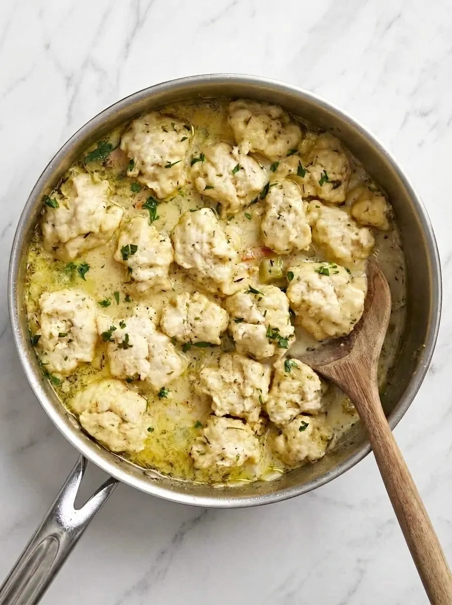 Bowl of creamy chicken and dumplings with fluffy dumplings and vegetables