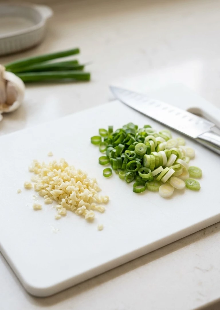 Easy garlic chicken noodles recipe, finished dish with chicken and green onions