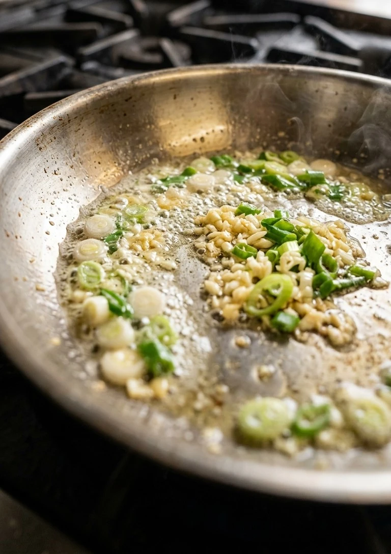 Searing chicken strips in a skillet for easy garlic chicken noodles