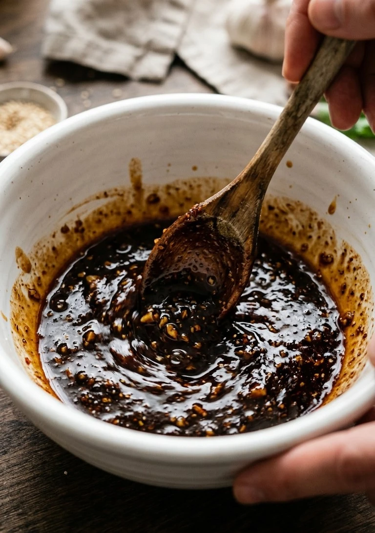 Garlic soy sauce simmering in the skillet