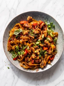 Tossing noodles and chicken in garlic sauce