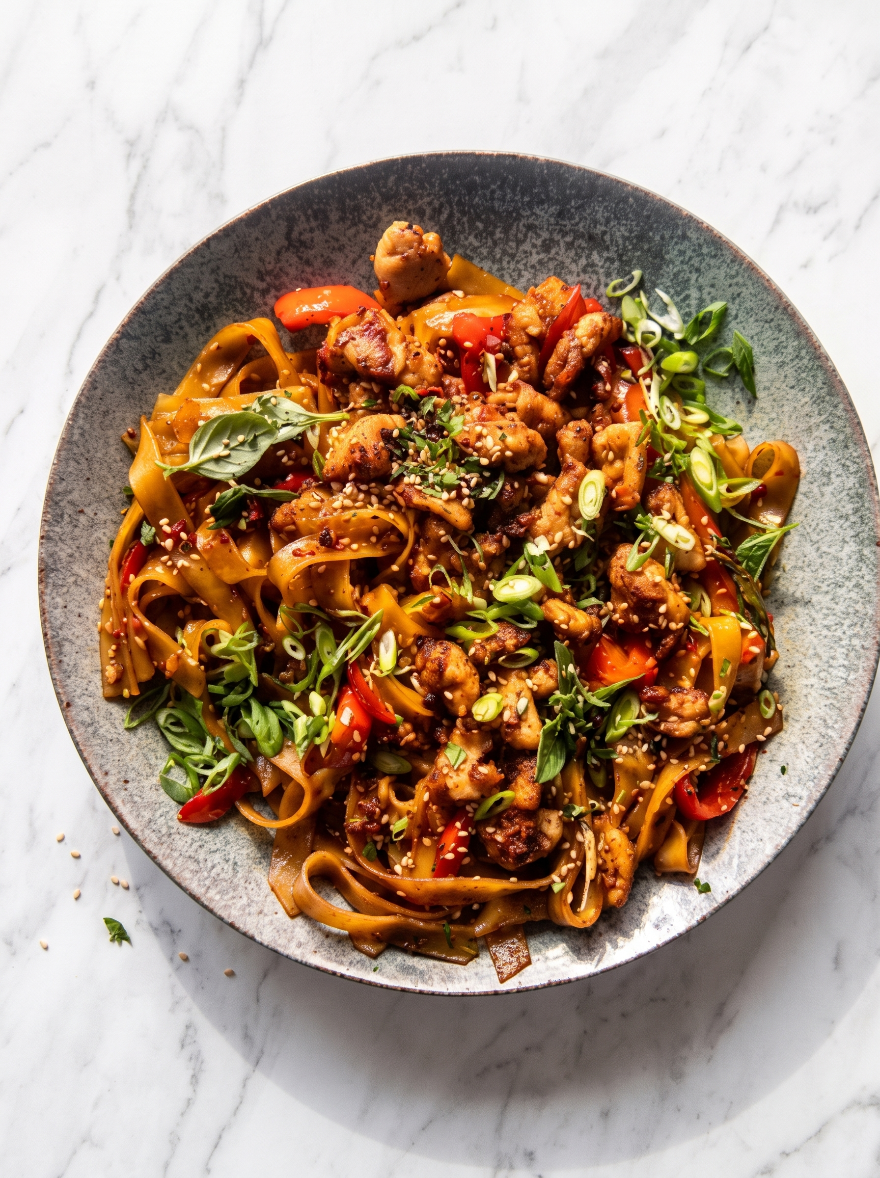 Tossing noodles and chicken in garlic sauce