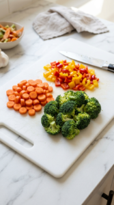 Adding mushrooms, bell pepper and snap peas to the vegetable stir fry
