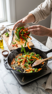 Cooking garlic and ginger with the vegetables in the stir fry