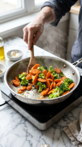 Pouring the sauce over the easy vegetable stir fry
