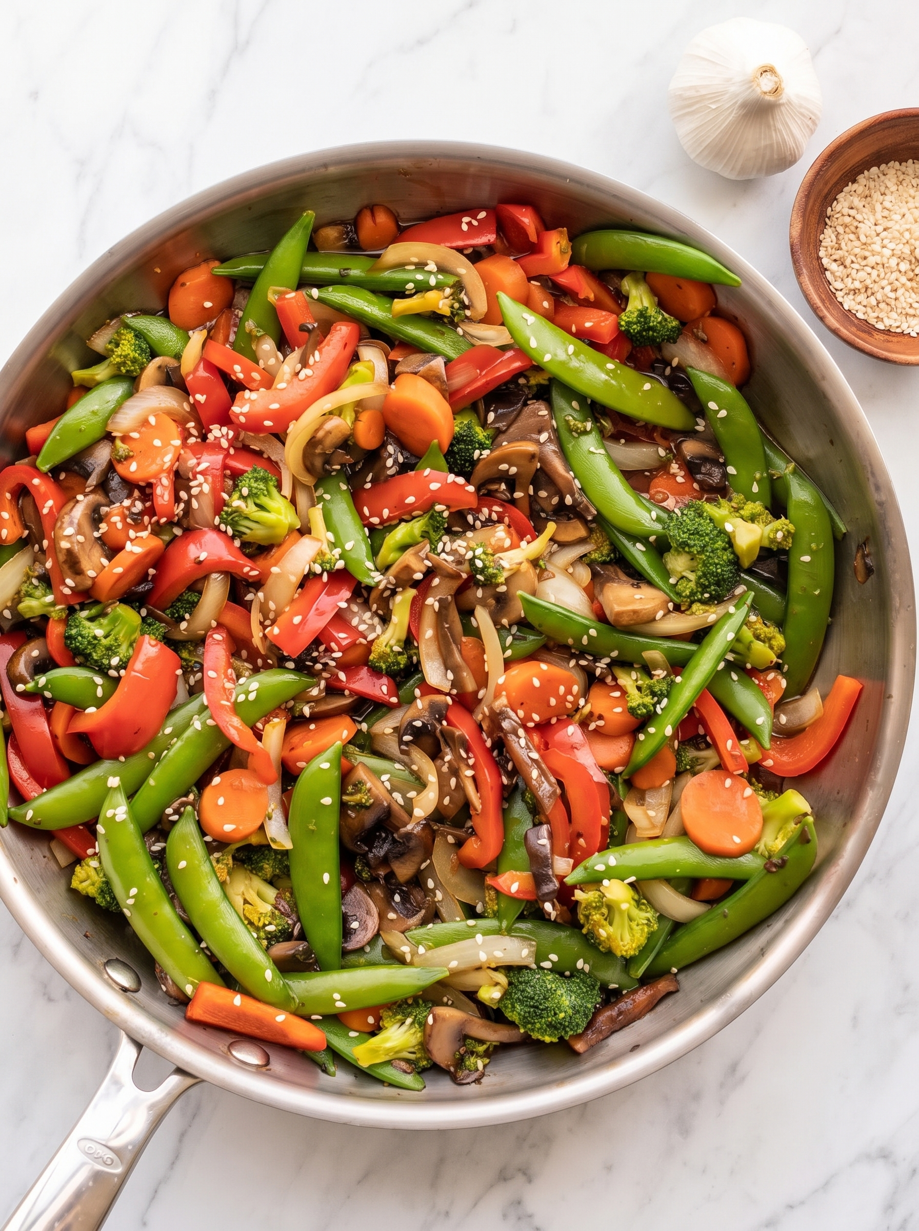 Easy vegetable stir fry with colorful vegetables in a glossy garlic ginger sauce